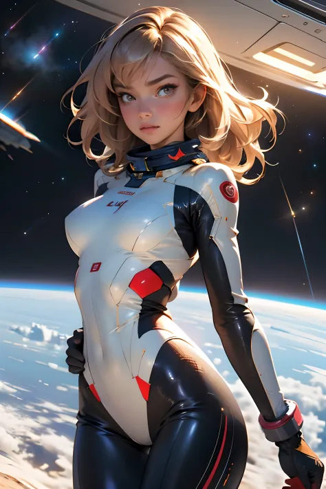 sandy hair fit body large breasts slender thighs slender waist pilot suit solo looking at viewer in space long hair blushing det...
