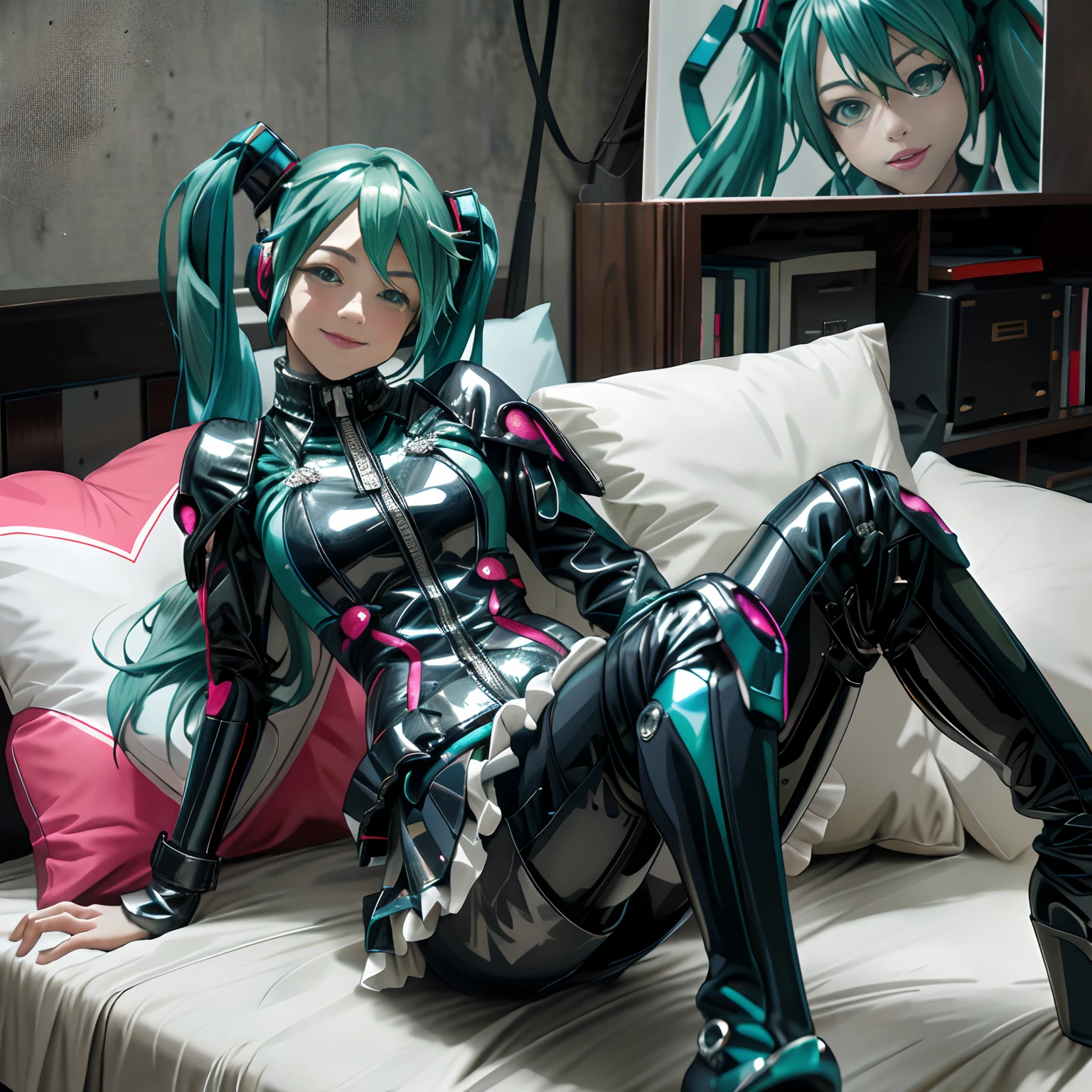 (Best Quality), (masutepiece), credibly_absurderes, Highly detailed, refined rendering, Illustration, (hight resolution), Hatsune Miku, PILLOWS, garter strap, Hatsune Miku, 1girl in, cushion, Long hair, thighs thighs thighs thighs, frilled pillow, Skirt, Solo, parrot, long boots, Smile, Heart pillow, aqua hair, Looking at Viewer, breasts, Twin-tailed, Jacket, bed, high-heels, Sweet devil \(VOCALOID\), Parted lips,Latex, Black rubber bodysuit with zipper