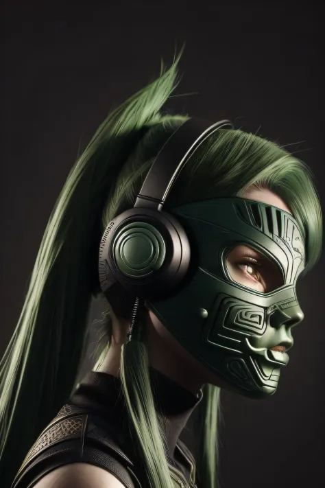 girl with long green hair, green eyes, futuristic vibes, mask on mouth, headphones, 8k, high quality, simple background, glowing...