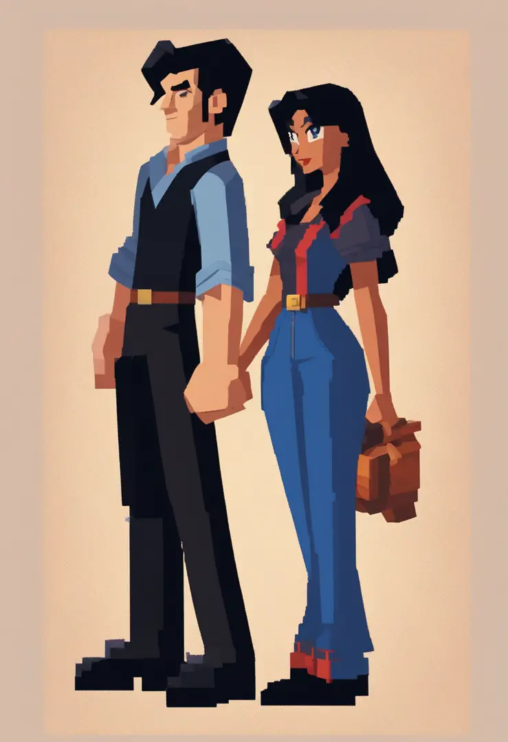 disney pixar poster, female couple with long black hair in black clothes and black trousers, male couple with black hair in blue shirt and black trousers holding hands, 3d animation