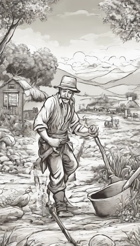 A black and white business illustration of a man dressed as a peasant, parecendo cansado, Holding a digger in his right hand and a bucket in his left. He is digging an artesian well in search of water, localizado perto de sua aldeia. The village is portray...