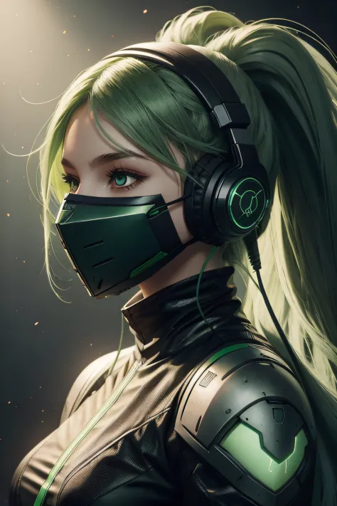 girl with long green hair, green eyes, futuristic vibes, mask on mouth, headphones, 8k, high quality, simple background, glowing...