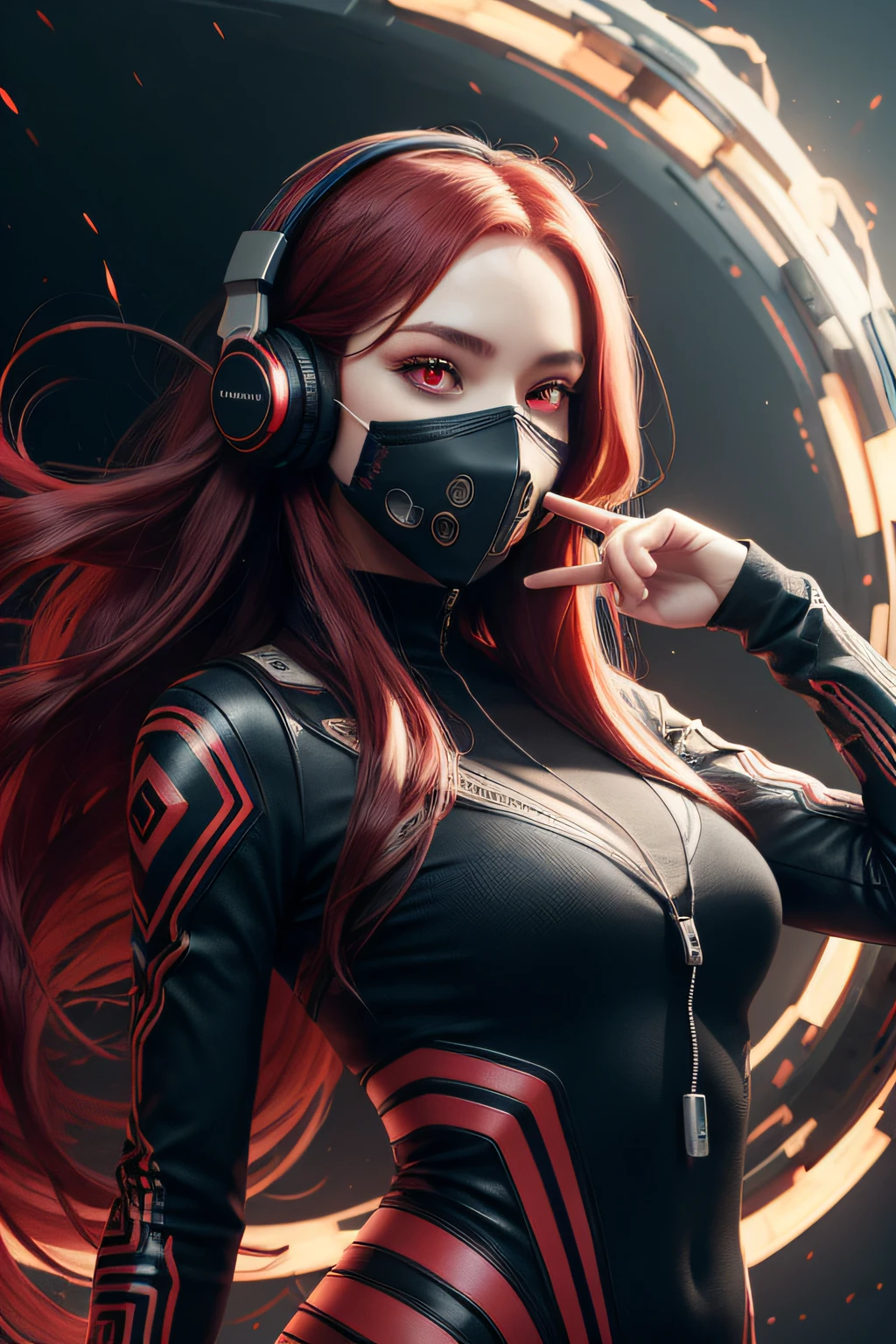 girl with long red hair, red eyes, futuristic vibes, mask on mouth, headphones, 8k, high quality, simple background, glowing eyes, nice pose