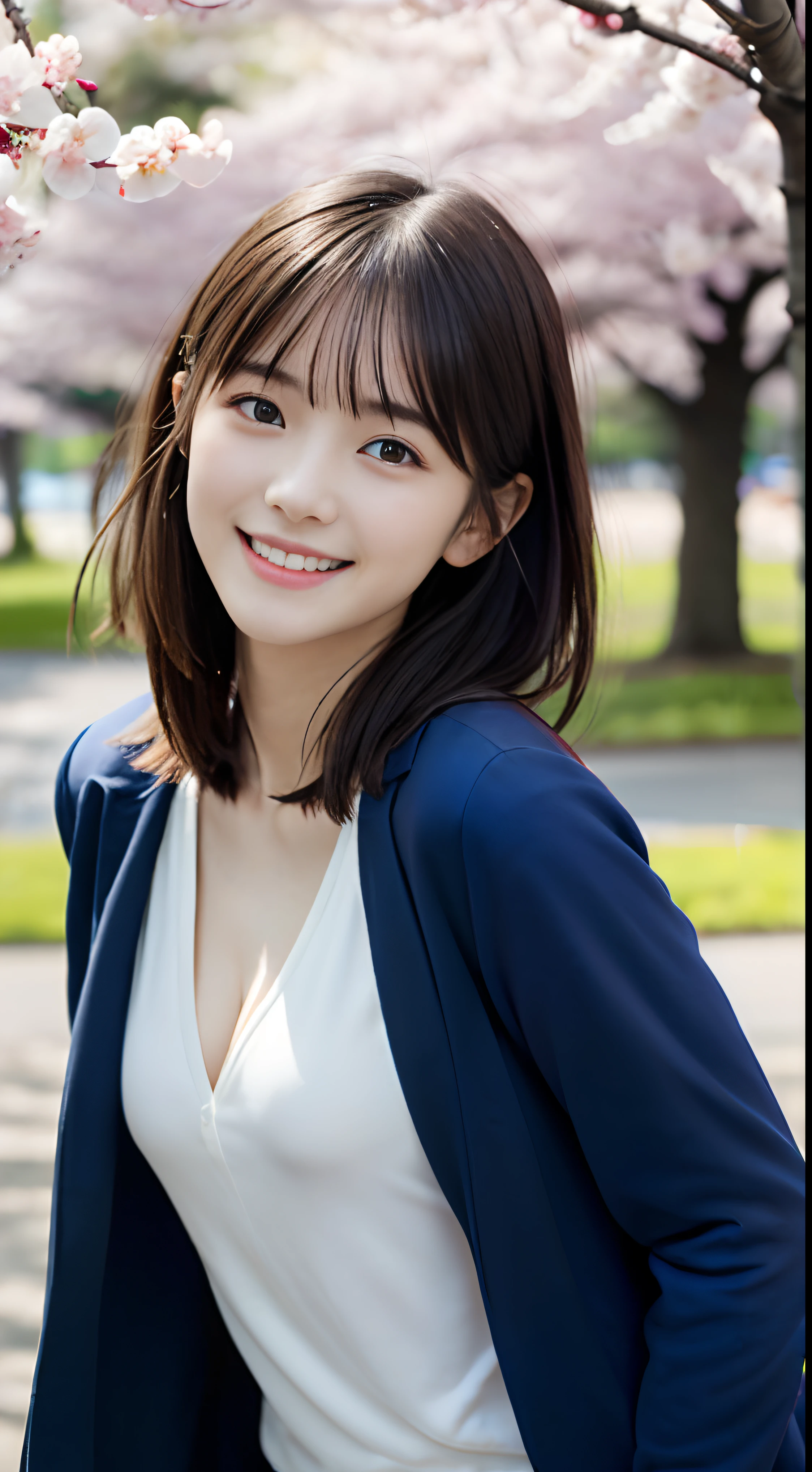 (Close-up portrait of a girl with short hair with slender small breasts and dull bangs in jacket and shirt:1.5)、(Dancing with a smile、Girl with hair fluttering in the wind :1.5)、(Blue sky and cherry blossoms in full bloom:1.5)、(cleavage of the breast)、(Perfect Anatomy:1.3)、(No mask:1.3)、(complete fingers:1.3)、Photorealistic、Photography、masutepiece、top-quality、High resolution, delicate and pretty、face perfect、Beautiful detailed eyes、Fair skin、Real Human Skin、((thin legs))、(Dark hair)