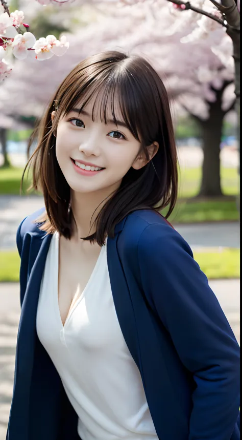 (Close-up portrait of a girl with short hair with slender small breasts and dull bangs in jacket and shirt:1.5)、(Dancing with a smile、Girl with hair fluttering in the wind :1.5)、(Blue sky and cherry blossoms in full bloom:1.5)、(cleavage of the breast)、(Per...