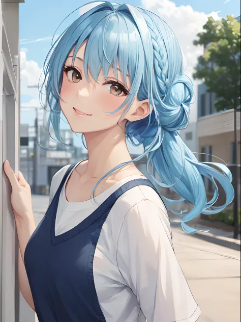 masterpiece:1.2, best quality, ((ultra detailed)), high resolution, 2d, anime style , photo, photography, detailed background, ((medium hair,light blue hair, asymmetrical hair , side braid,half updo))

BREAK
solo,(droopy eyes:1.3),thirty years old, (tall f...
