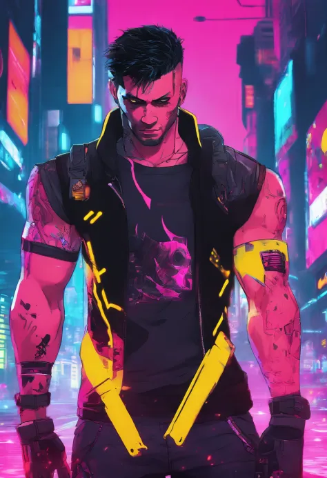 1 Muscular man, ((Cyberpunk 2077 inspired style)), Short hair, Black hair, Left eye scarred