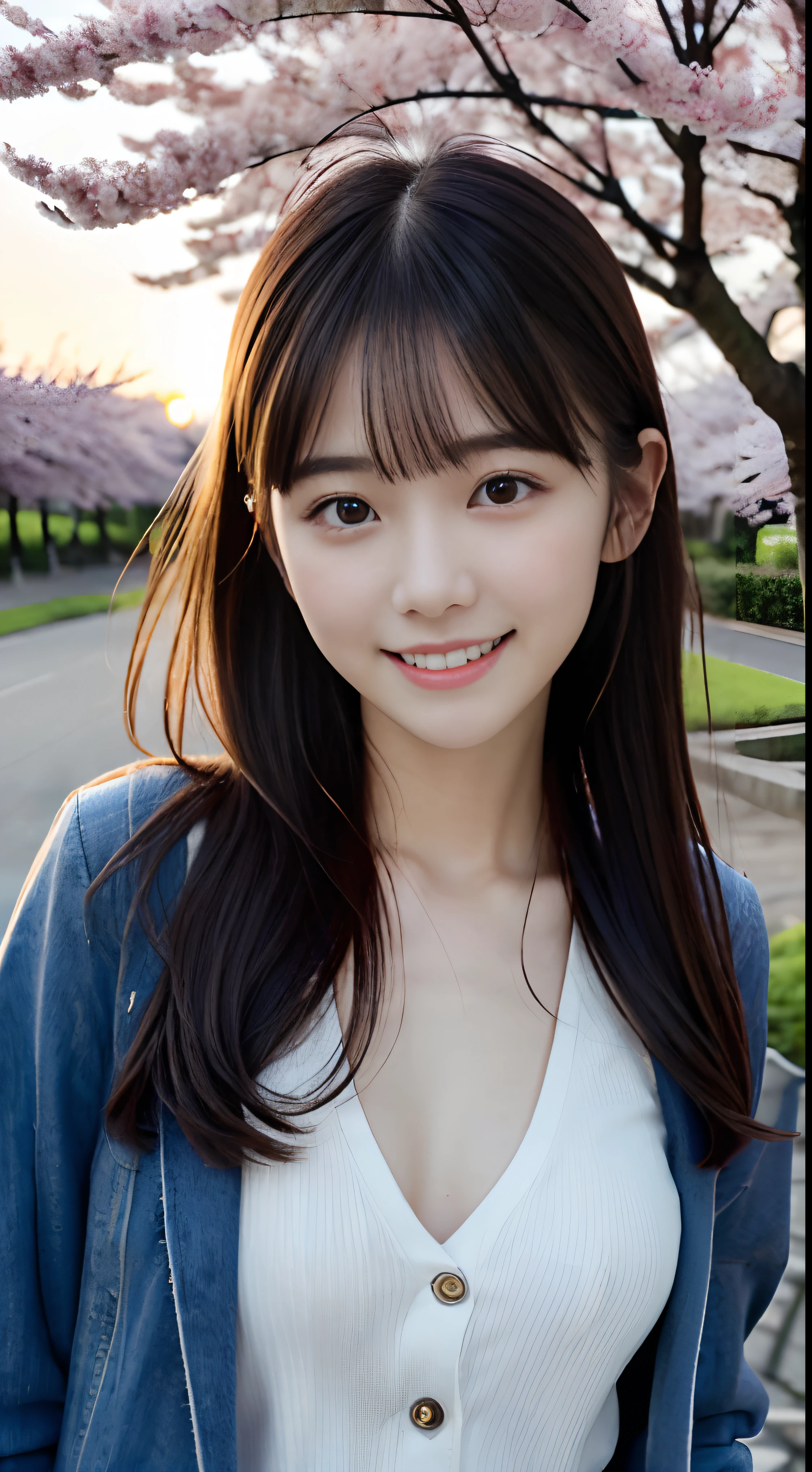 (Close-up portrait of a girl with slender small breasts and long hair with dull bangs in jacket and shirt:1.5)、(Girls dancing with smiles、Let your hair flutter in the wind :1.5)、(Rows of cherry blossom trees in full bloom at sunset time:1.5)、(Perfect Anatomy:1.3)、(No mask:1.3)、(complete fingers:1.3)、Photorealistic、Photography、masutepiece、top-quality、High resolution, delicate and pretty、face perfect、Beautiful detailed eyes、Fair skin、Real Human Skin、((thin legs))、(Dark hair)