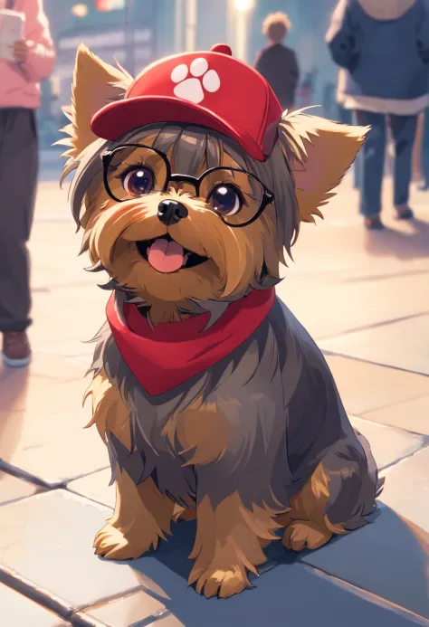 Yorkshire terrier, . .. .。.。.。.。.3D, 8K, Artwork, High quality, Wearing a red hat，Wear cool glasses
