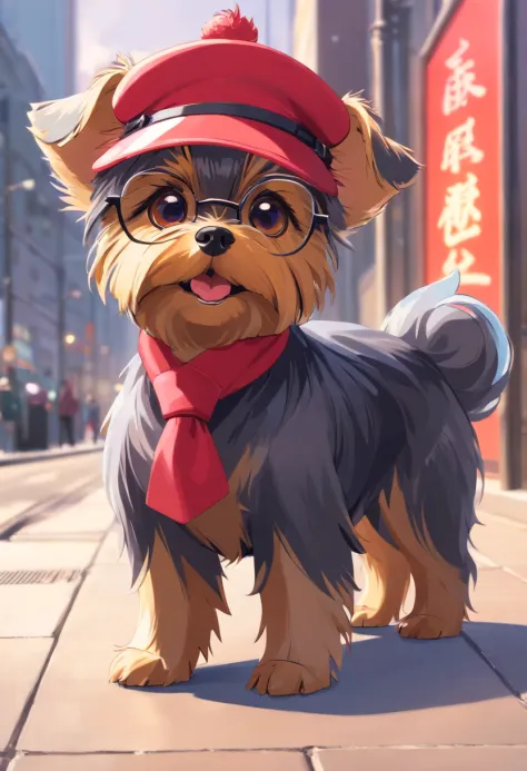 Yorkshire terrier, . .. .。.。.。.。.3D, 8K, Artwork, High quality, Wearing a red hat，Wear cool glasses