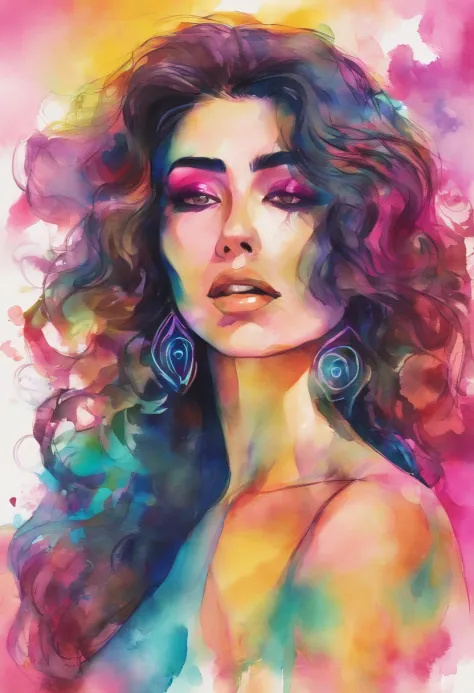 Portrait of Mexican woman wearing fashionable neons.   Full lips. Neon makeup.  Big curly hair.  1980s fashion. Highly detailed, ultra high definition. 80s vibe, 2d vector illustration portrait,  beautiful,  vibrant,  digital art, beautiful watercolor pain...