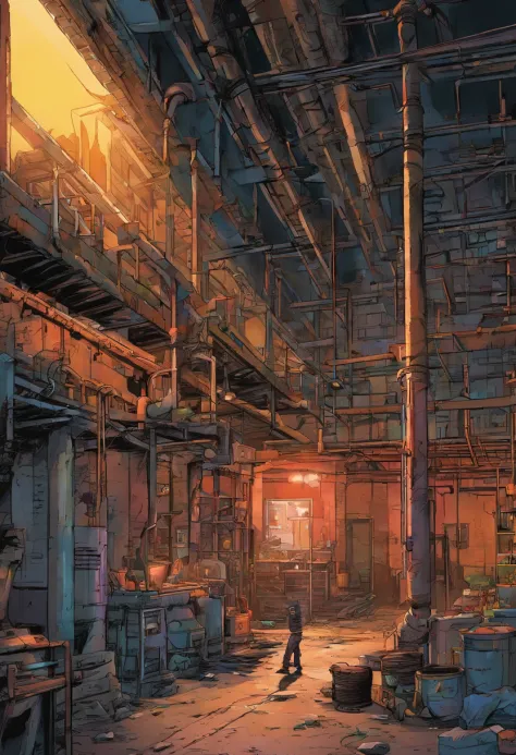 modern day，A little dark，Inside an aging factory，Low light，((Pixal style))、Makoto、dilapidated building