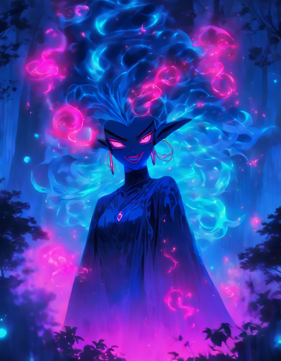 (a blue-haired demon woman,spells:1.1,glowing:1.1)(illustration)(best quality,ultra-detailed,realistic:1.37),demonic witch(demonic:1.1)(magic:1.1)(forest)(dark and mysterious,ominous atmosphere),casting powerful spells,creating magical energy(magic:1.1),vibrant pink hair(swirling pink hair)(flowing pink hair),horns(devil horns:1.1),piercing red eyes,enchanted scepter(magical scepter),elaborate dark robe,glowing magical sigils,fiery embers swirling(magical embers:1.1)(glowing embers),magical aura(glowing aura),eerie shadows,otherworldly presence(presence),sinister smile,nightfall in the background(dark night:1.1)(moonlit forest),lush and dense foliage(twisted trees)(mystical plants:1.1),mystical particles(swirling particles)(floating particles),ethereal glow(ethereal:1.1)(soft glow),faint moonlight breaking through the trees,haunting and captivating(scary atmosphere),bewitching beauty,wide range of colors(vivid colors)(contrasting colors),mystical realm,impressive details,dynamic composition,mesmerizing artwork,photorealistic style(picasso style),impressive shading and lighting,explosive energy,magical atmosphere(fantasy atmosphere),dreamlike scene