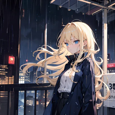A woman in her twenties，Long blonde hair，eBlue eyes，expression sad，Night City,rain,Exposed laundry