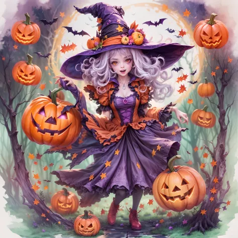 Whimsical Halloween Witch, Wear energetic and playful magical costumes, Stand in a magical forest filled with colorful magic splashes, ，Hellbringers，red - eyed，Meniscus，Red Moon，borgar，pumpkins，the bats, Cartoon style with watercolor effects, 2D, and white...