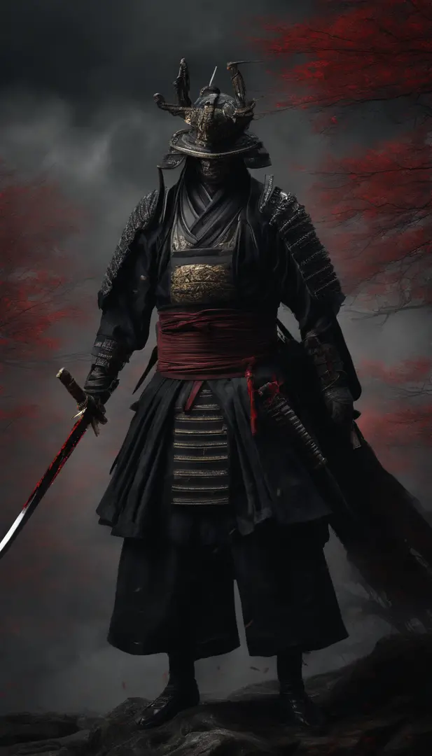 (Best quality,4K,8K,A high resolution,Masterpiece:1.2),Ultra-detailed,(Realistic,Photorealistic,photo-realistic:1.37),Feudal Japanese samurai of the Warring States period, Wearing a full suit of samurai armor, Wearing a black samurai mask, Wielding a sharp...