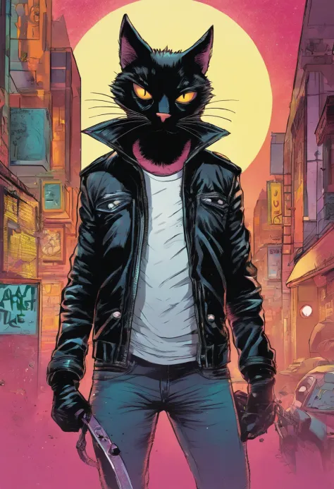 punk black cat animal with leather jacket
