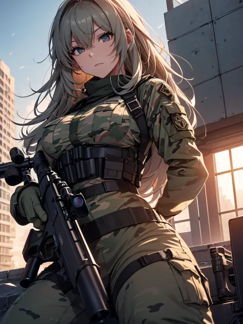 An elite sniper aiming at her victim, on top of a building, lying down (((using a long-range rifle))), laser sight, camouflage clothing, holster, lots of ammunition, big ass, thick thighs, { extremely detailed 16k CG unit wallpaper}, expansive landscape ph...
