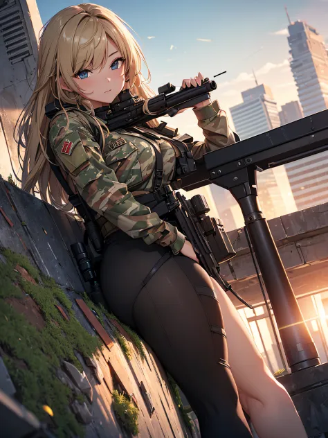 An elite sniper aiming at her victim, on top of a building, lying down (((using a long-range rifle))), laser sight, camouflage c...