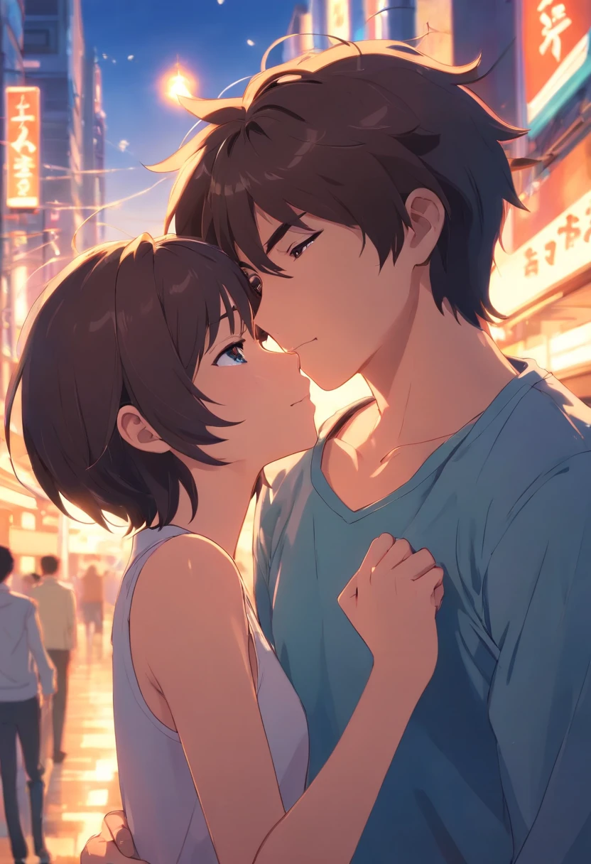 A couple kissing in the street at night - SeaArt AI