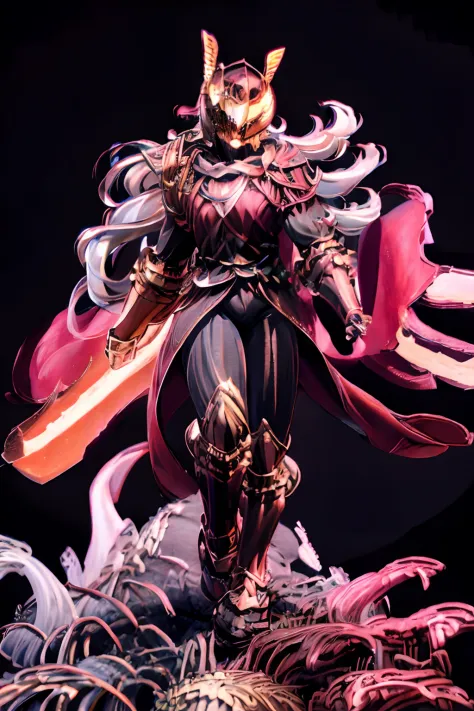masutepiece, Best Quality,Detailed picture、 1boy, ,a 10 year old boy、 Whitehair,Red armor with the image of a swan and a samurai , Black bodysuit, long boots, Full body, gloves, Holding a brass sword、Red and white helmet with the image of a swan, red footw...