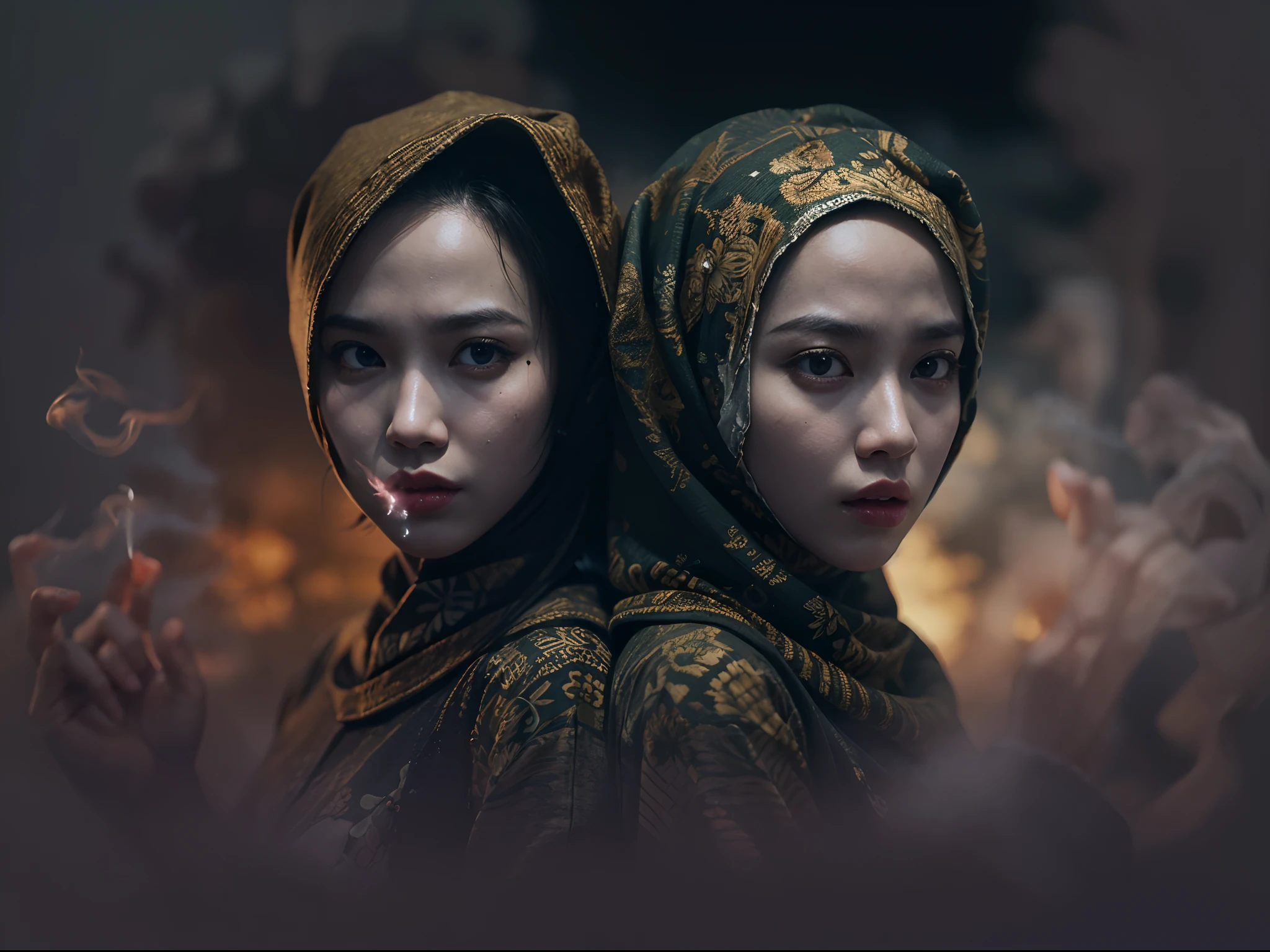 2 hijab malay woman heroin/warrior in fighting scene,batik & songket costume,action silat, dark night background, a lot of smoke effect in below, 28mm lense, Establishing shot, muted color grading, cinemascope cinematography effect, thriller movie scene, action mood,