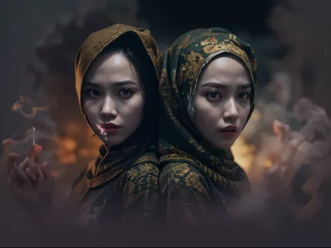 2 hijab malay woman heroin/warrior in fighting scene,batik & songket costume,action silat, dark night background, a lot of smoke...