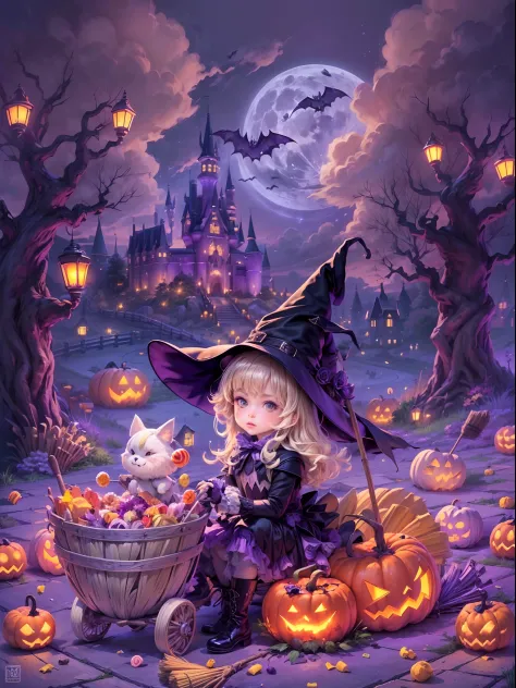 (((Masterpiece))),((Best Quality))),highres,absurdres,((looking at viewer:1.4)),1gril,full body,(hallowee:1.3),happy halloween,castlejack-o'-lantern,pumpkin,(Pumpkin hood:1.2),(a gril pulls a cart:1.2),((candy,A bunch of candy:1.6)),bags filled with candy,...