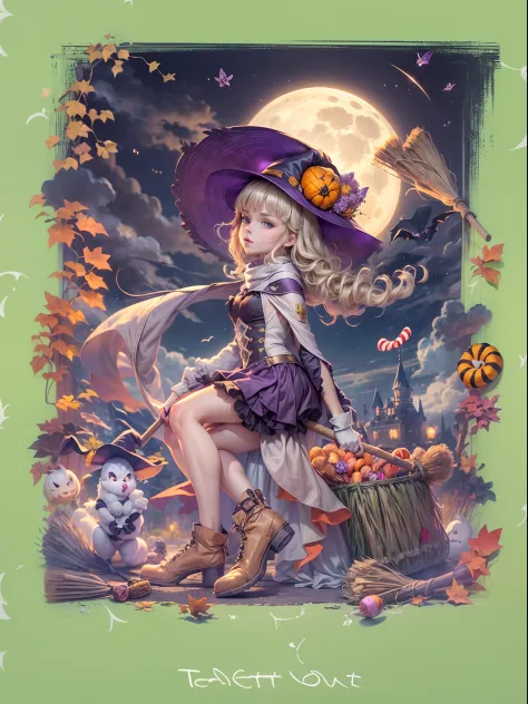 (((Masterpiece))),((Best Quality))),highres,absurdres,((looking at viewer:1.4)),1gril,full body,(hallowee:1.3),happy halloween,castlejack-o'-lantern,pumpkin,(Pumpkin hood:1.2),(a gril pulls a cart:1.2),((candy,A bunch of candy:1.6)),bags filled with candy,...