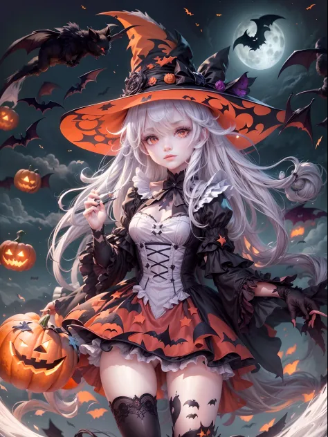 ((masterpiece:1)),(((best quality))),illustration,extremely detailed 8k wallpaper,colorful,[(white background:1.4)::5],

1girl,white hair,red eyes,shining eyes,
wansheng, flat color, 1girl, witch hat, hat, long hair, solo, jack-o'-lantern, halloween, moon,...