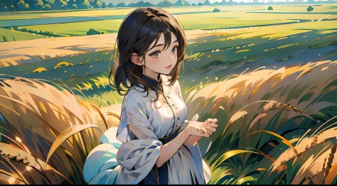 Fresh painting style，In the wheat field，girl with，Keep hands away from sunlight，Bright sky，Looking Up，Full-bodied angle,Standing,Anime characters，ultra - detailed，Highly realistic，tmasterpiece，8K，hyper HD，