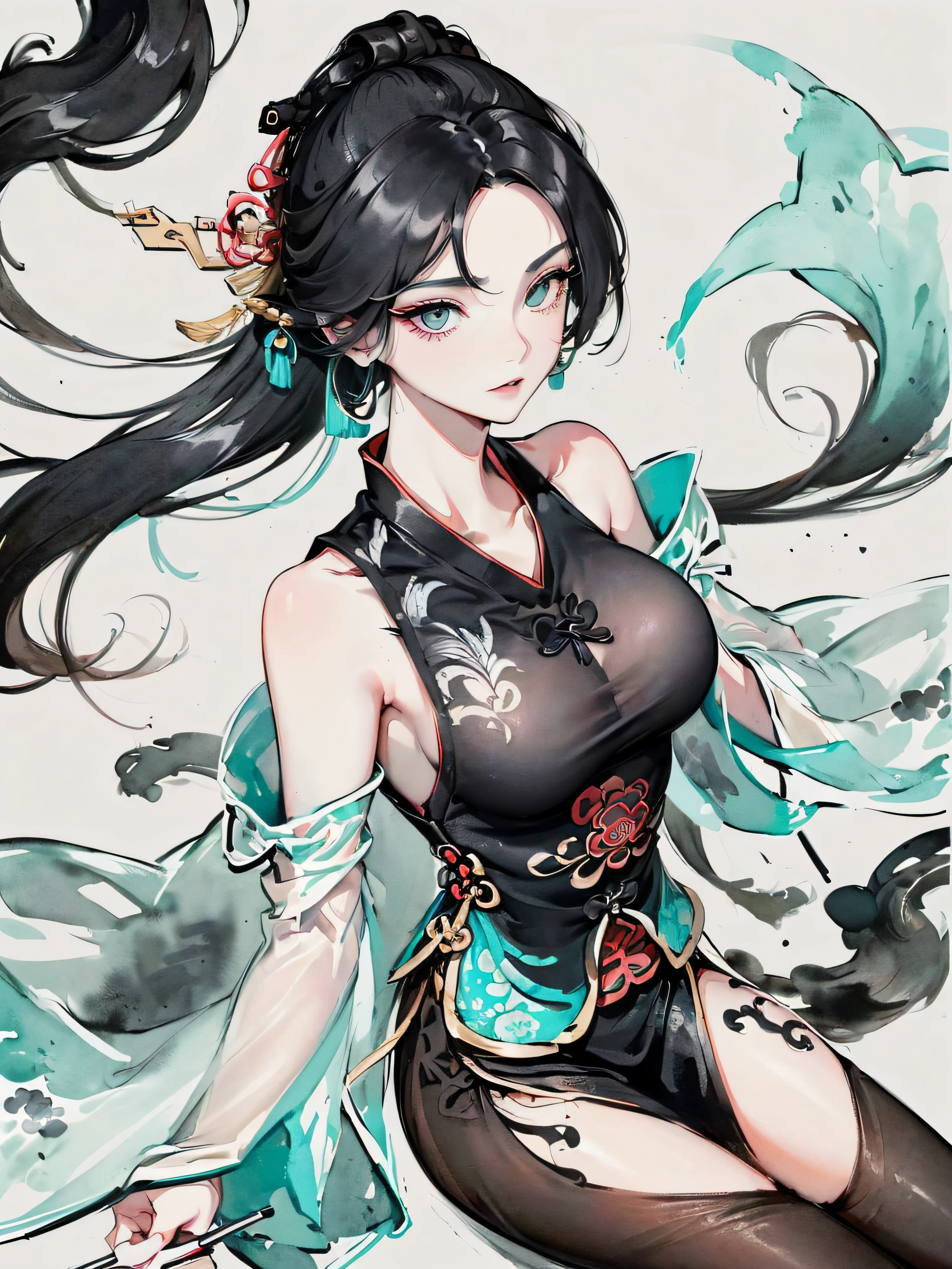 (((((((Chinese ink painting，watercolor paiting，ancient chinese costume,off shoulders,very long sleeves,black hair,see-through sleeves,Cyan lining，Cyan vest)))))))，((1lady,adorable korean mixed race of  Saudi Arabia girl，lean face，独奏,))(Masterpiece,Best quality, offcial art, Beautiful and aesthetic:1.2),((Ultra-high resolution,Golden ratio,)) (16K),((Melon seed face，from above，big breast,detailed background of chinese waterink paintings)),(Physically-based rendering),Amazing,Sharp focus, (((highdetailskin,))),Intricately detailed clothing,Lying silkworm eyebrows，Delicate pupils,Danfeng Eye,((((detailed hair,long hair|Shaggy cut|Long bold side bangs|Sleek cut|Voluminous updo|Undercut)))),slender,(masterpiece sidelighting),(The sheen),(beautiful hair,beautiful eyes,）[[Delicate fingers and hands:0.55]::0.85],(Detail fingers),(((Superior quality,)))),((unbelievable Ridiculous,)),((extremely_Detailed_eyes_and_face)),Movie girl,(Dynamic configuration: 1.2),Brilliant,Glossy