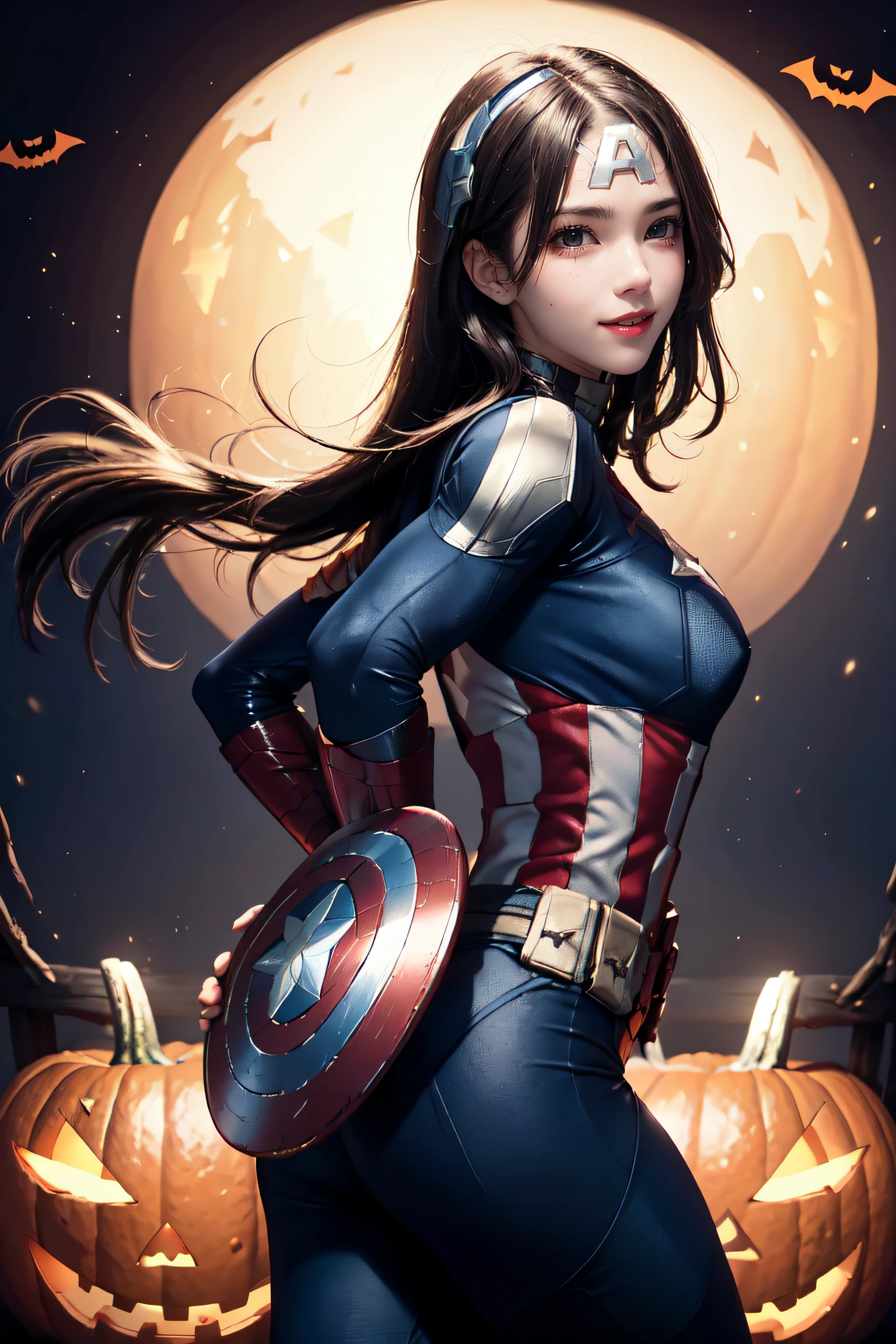 masterpiece, top-quality, top-quality, Beautifully Aesthetic:1.2, 1girl, Halloween night, 
((Wearing a high-quality Blue Captain America suit:1.2)), high detailed, 
large breasts, firm breast, nicely shaped breasts, slender figure, 
((Dark Brown Hair)), wavy hair, ((medium long hair:1.2)), 
BREAK 
(Posing on the Middle of Stage of Halloween contest:1.3), 
((in front of station of decorated for Halloween in Shibuya at late night:1.3)), (Upper body shot:1.1), (back view:1.2), ((looking back at viewer:1.2)),