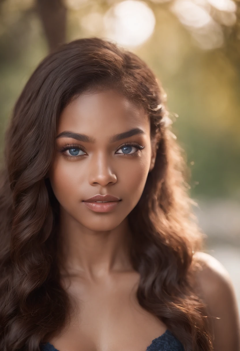 Black girl with light caramel skin, long deep wavy hair, upturned almond shaped eyes,  blue eyes, long eyelashes, full lips, button nose, supernatural beauty, lidded eyes, seductive.