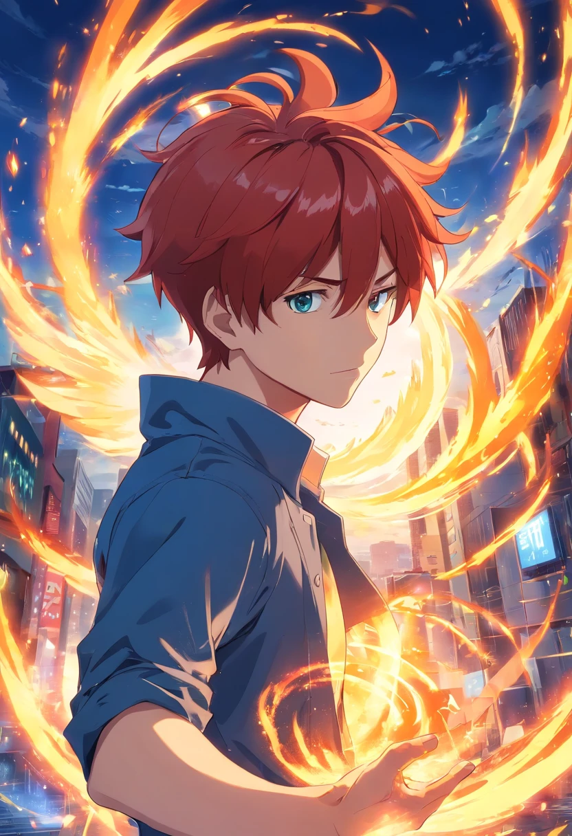 A young man with red hair and blue eyes stands in front of a city - SeaArt  AI