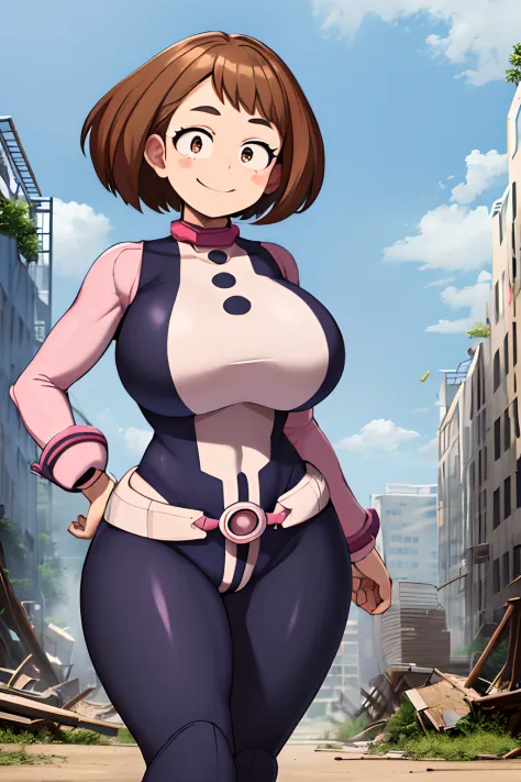 masterpiece, best quality, highres, hmochako, blush stickers, short hair, (((pixie cut 1.6))), huge breasts, superhero, bodysuit, boots, ruins, building, fighting stance,  hand on hip, wide hips, thick thighs ((curvy)), latex suit, sexy, smile, sensual, ((...