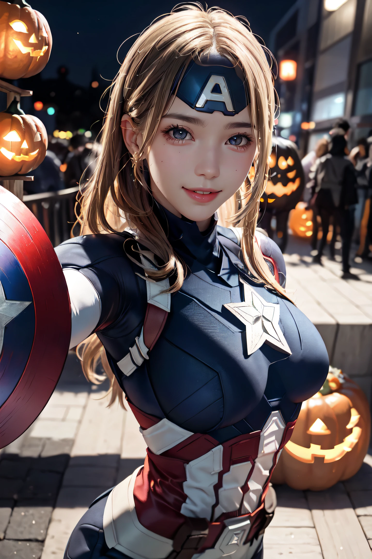 masterpiece, top-quality, top-quality, Beautifully Aesthetic:1.2, 1girl, Halloween night, ((Wearing a high-quality Blue Captain America suit, Captain America's shield , Captain America's mask):1.2), high detailed, (Standing with Selfie pose that reaching out:1.3), large breasts, firm breast, nicely shaped breasts, slender figure, 
((Blonde Hair)), wavy hair, ((medium long hair:1.2)), 
BREAK 
((in A modern street of decorated for Halloween in Shibuya at late night:1.3)), (Upper body shot:1.1), (From side:1.2), (Focus on face:1.1), ((looking at viewer:1.2)),