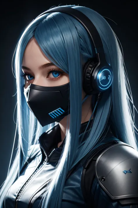 girl with long blue hair, blue eyes, futuristic vibes, mask on mouth, headphones, 8k, high quality, simple background, glowing e...