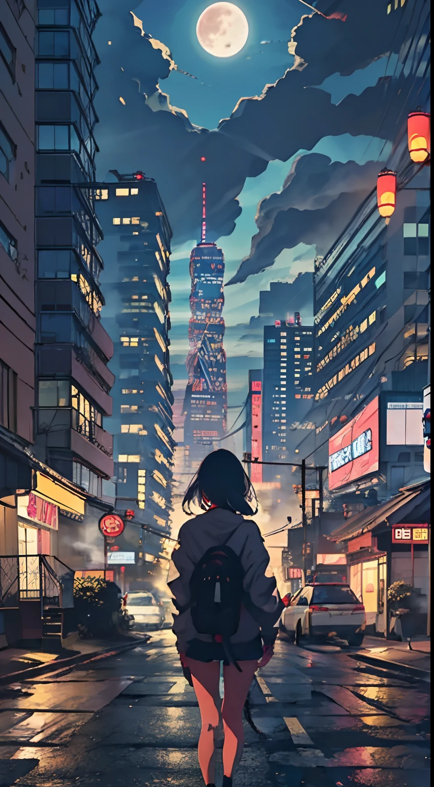 Futuristic car driving through a cyberpunk city with skyscrapers in the background, It's like a movie, 4K,Ultrarealistic, Cool,Badass, Convoluted, Outdoors, Neon light, Fog, wires, Street, alleyway, Futuristic landscape, velocity, velocity, Night, Big realistic full moon,Back view of a cute girl