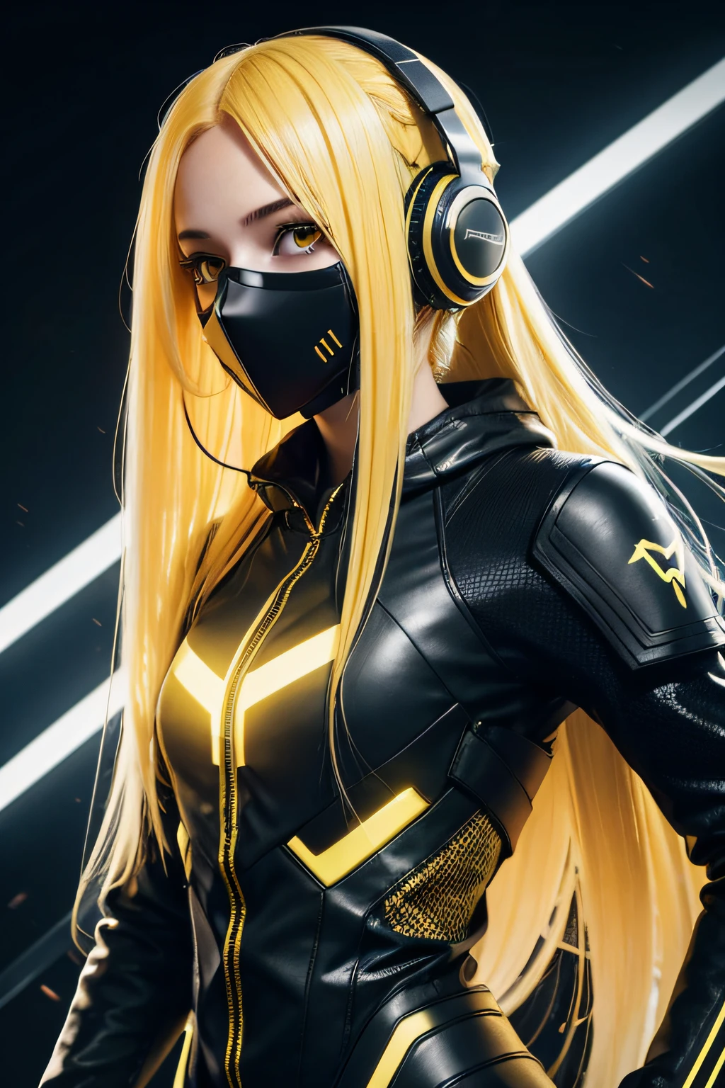 girl with long yellow hair, yellow eyes, futuristic vibes, mask on mouth, headphones, 8k, high quality, simple background, glowing eyes, nice pose