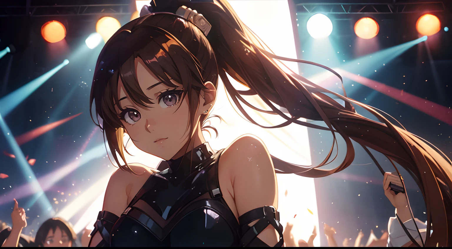 4rianagrand3, expressive eyes, ((anime)), Serenity, Anime art , Luminism, cinematic light, ponytail, brown eyes, at the stage, concert, colorful lights, dark outfit