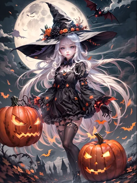((masterpiece:1)),(((best quality))),illustration,extremely detailed 8k wallpaper,colorful,[(white background:1.4)::5], 1girl,white hair,red eyes,shining eyes, wansheng, flat color, 1girl, witch hat, hat, long hair, solo, jack-o'-lantern, halloween, moon, ...