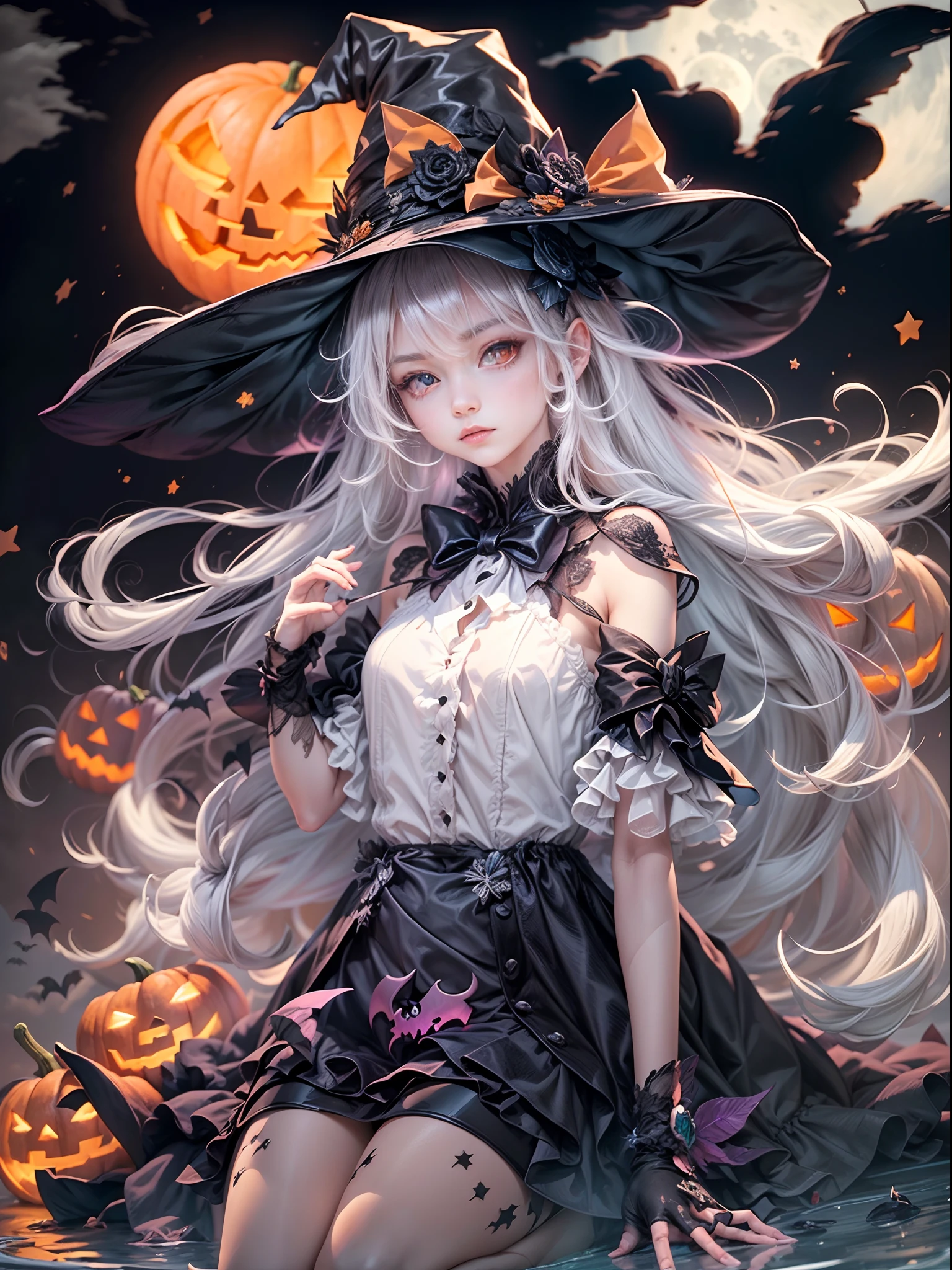 ((masterpiece:1)),(((best quality))),illustration,extremely detailed 8k wallpaper,colorful,[(white background:1.4)::5], 1girl,white hair,red eyes,shining eyes, wansheng, flat color, 1girl, witch hat, hat, long hair, solo, jack-o'-lantern, halloween, moon, thighhighs, bat (animal), looking at viewer, dress, full body, gloves, pumpkin, witch, black thighhighs, star (symbol), bow,(pale skin:1.2), (ghost) beautiful and detailed cloudy sky,castle,bat (animal),(halloween:1.1),full red moon,Beautiful and detailed black,(jack-o'-lantern:0.8) (Abstract Art:1.35),(flat color:1.3),(high contrast:1.3),happy halloween,(candy:1.2) , wansheng, ,(hexagon:1.1),(fight stance),(from bottom:0.9),lighting surrounded,water surround,full moon, original,(illustration:1.1),(best quality),(extremely detailed CG unity 8k wallpaper:1.1), (colorful:0.9),(imid shot:0.95),(full body:1.25),Dynamic angle, (Style of Comic and Animation:1.3),(Oil Painting:0.8),(sketch:0.6), WaHaa, JaLanteen, vampire