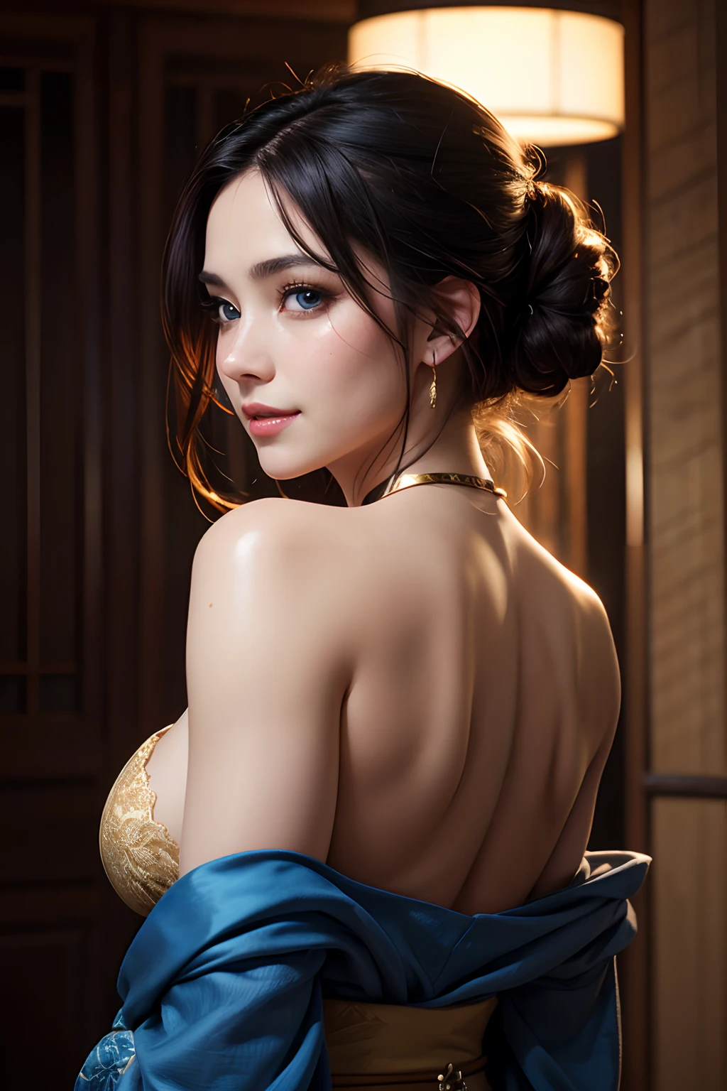 A beautiful flirtatiously smiling woman, a very busty ronin wearing gold lace kimono, Meiji restoration, blue eyes, yojimbo, cleavage, bare shoulders, HD, UHD, WLOP, Artgerm, intricate hairstyle, a view from behind, large anime eyes, realistic eyes, highly detailed eyes, natural skin, natural skin texture, subsurface scattering, muted colors, skin pores, perfect face, perfect eyes, perfect full lips, supple female form, vivid, cinematic, Film light, Hyper detailed, Hyper-realistic, masterpiece, atmospheric, High resolution, Vibrant, High contrast, dark angle, 8k, HDR, 500px, Art by Redjuice