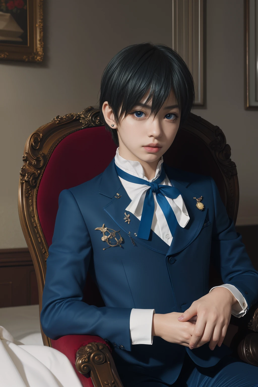 (Best Quality,4k,8k,highres,巨作:1.2),A highly detailed,(Realistic,Realistic Photos,Realistic Photos:1.37),anime,Ten-year-old boy with blue hair and deep eyes, Elegant expression,Victorian black and blue clothes,Sit on a luxurious Red Velvet chair with golden edges,Smoke hovering around him,Carrie Silver Pocket Watch,Magnificent gardens with blooming roses in the background,Sunset lighting receives a warm glow,Rich color palette of deep blue and vibrant red,Meticulously crafted texture over clothing and surrounding items,Chiaroscuro hidden lighting highlights boy features.