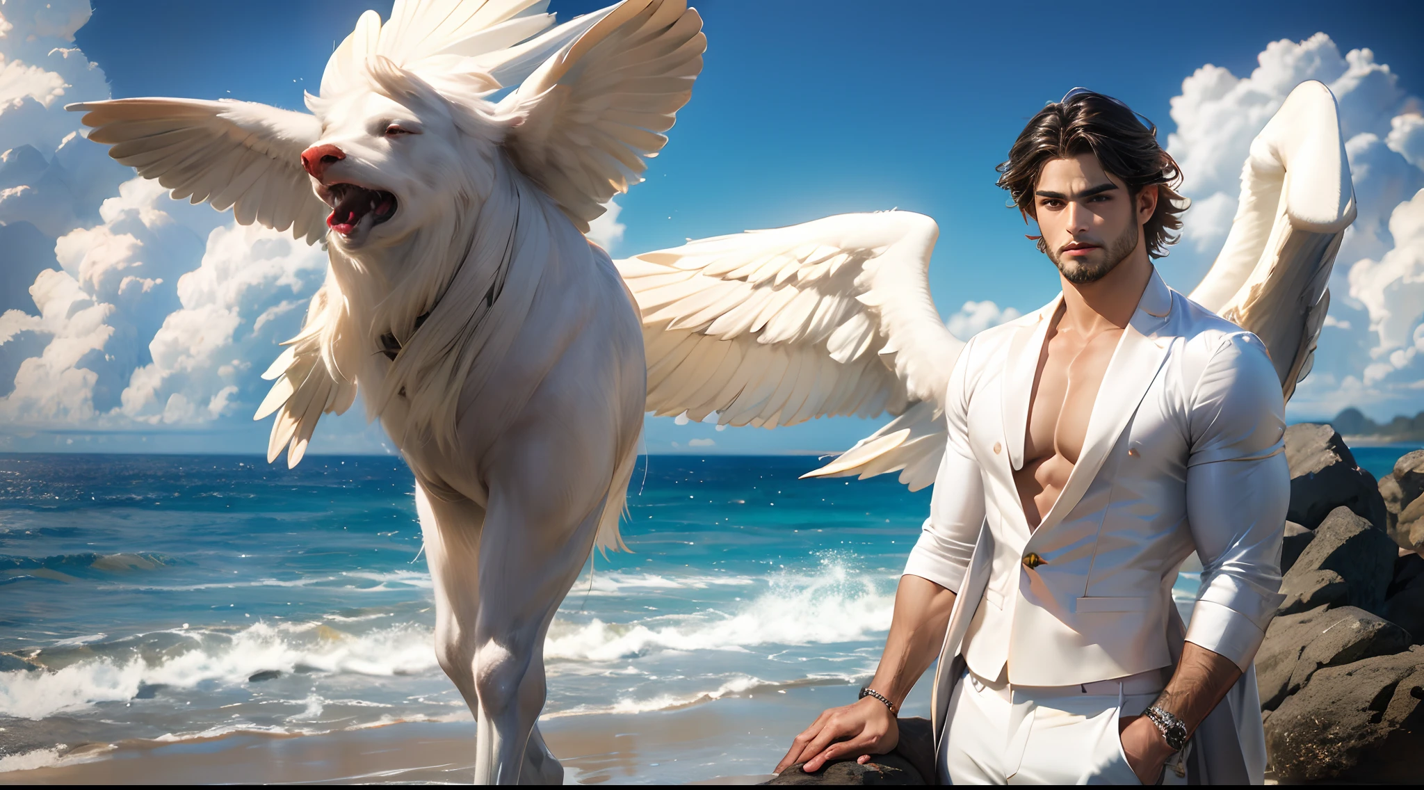 1 man, alone, young handsome man, Latin mulatto skin, attractive features, tan tone skin, dark blue eyes, friendly expression, huge white wings coming out of his back, 2 angel wings, physical fitness, man's long haircut medium, black brown hairstyle, small beard, casual clothing, urban outfit, red suit, full body tattoos. emotion: greet, environment: war field