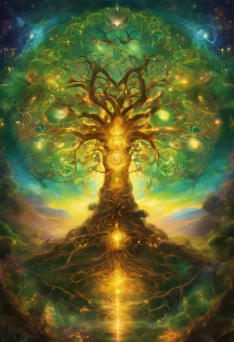 Photo of a radiant energy art with the Tree of Life as its central motif. The tree stands tall with intertwining roots and branches, glowing in hues of gold and green, symbolizing interconnectedness and the cycle of life amidst a backdrop of cosmic energy.