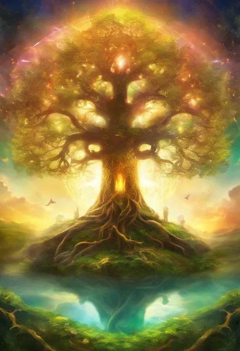 Photo of a radiant energy art with the Tree of Life as its central motif. The tree stands tall with intertwining roots and branches, glowing in hues of gold and green, symbolizing interconnectedness and the cycle of life amidst a backdrop of cosmic energy.