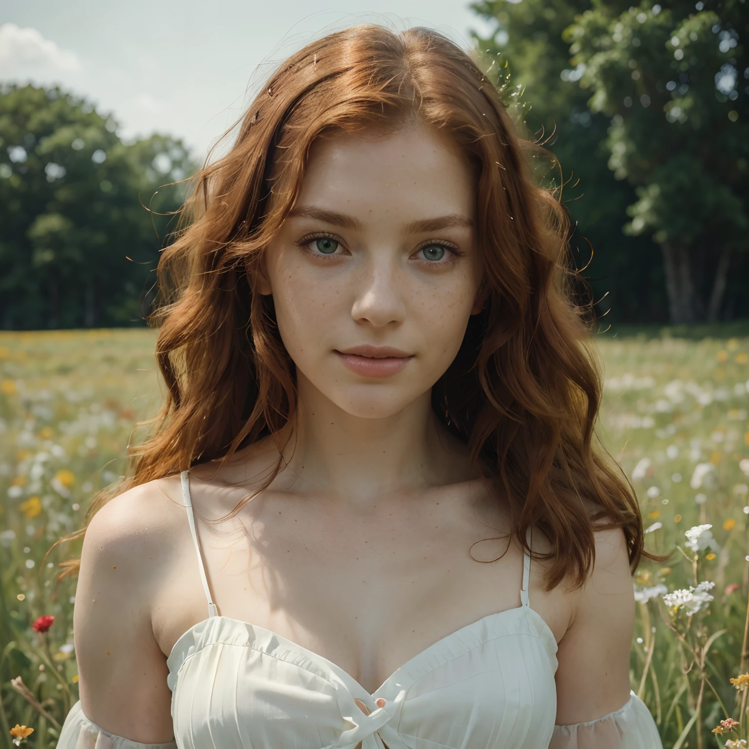 A woman with red hair and a white dress standing in a field - SeaArt AI