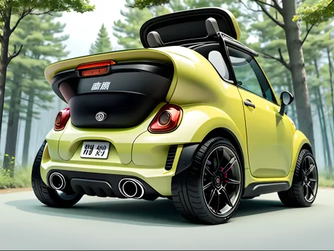 Nice coffee cart，inspired by:【Wuling Hongguang Light Vehicle】with  the【Mini beetle】with  the【Fiat 500】，Fancy green high detail，32K Ultra Hi-Vision，Industrial Design Product Design Futuristic Design，Running through the forest，A hyper-realistic，Extremely det...
